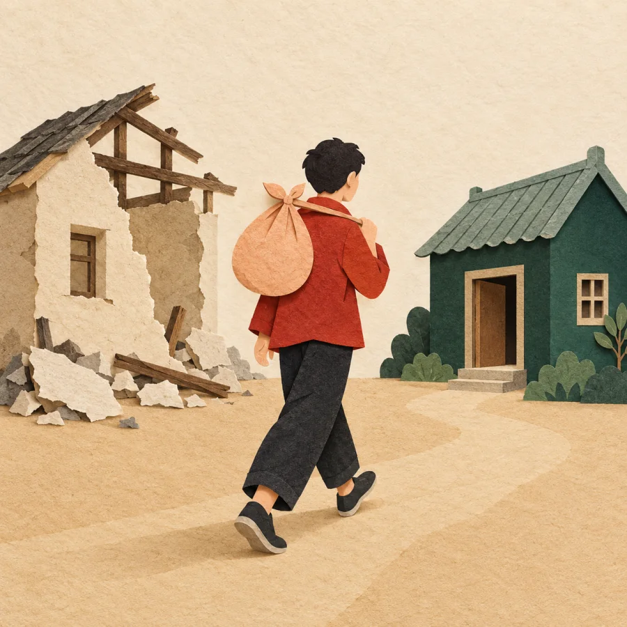 A person walks from an old house to a new one