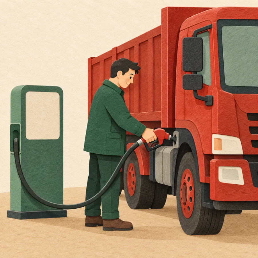 A person fills a red truck at a fuel pump