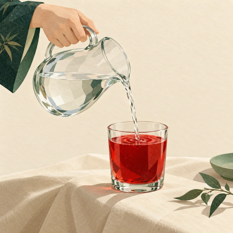 A person pours water from a jug into a glass of juice
