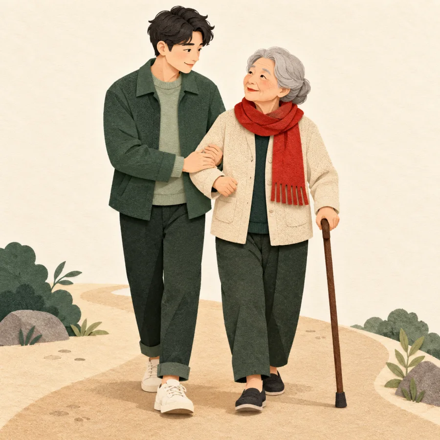 A young person holds an elder's arm while walking
