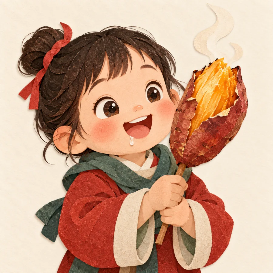 A child with shining eyes gazes at a steaming sweet potato