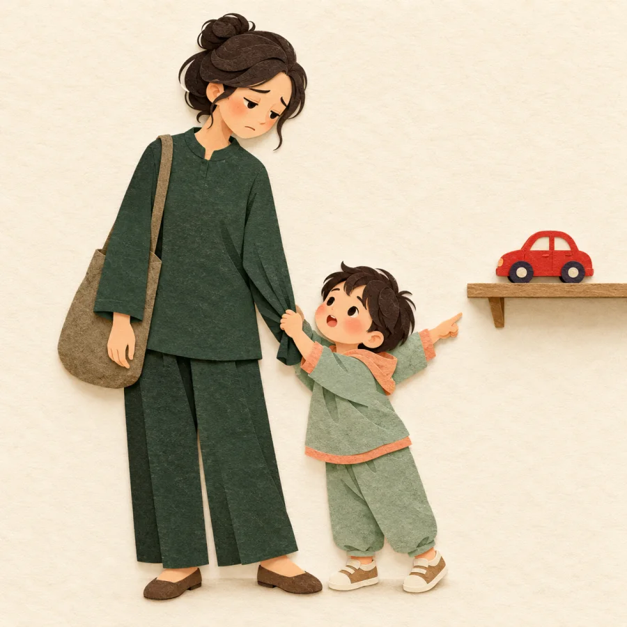 A child tugs an adult's sleeve and begs for a toy