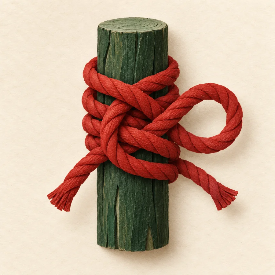 A red cord twisted tightly around a green post