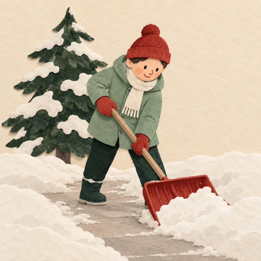 A person in a red hat shovels snow from a path
