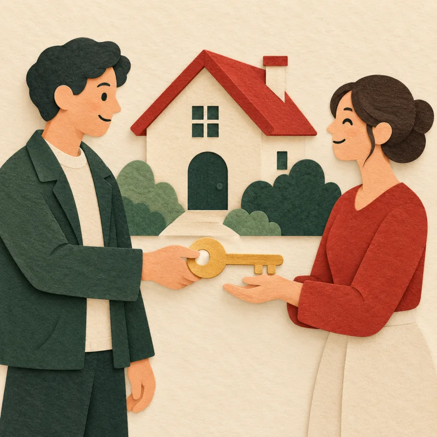 A person hands over a big key in front of a house