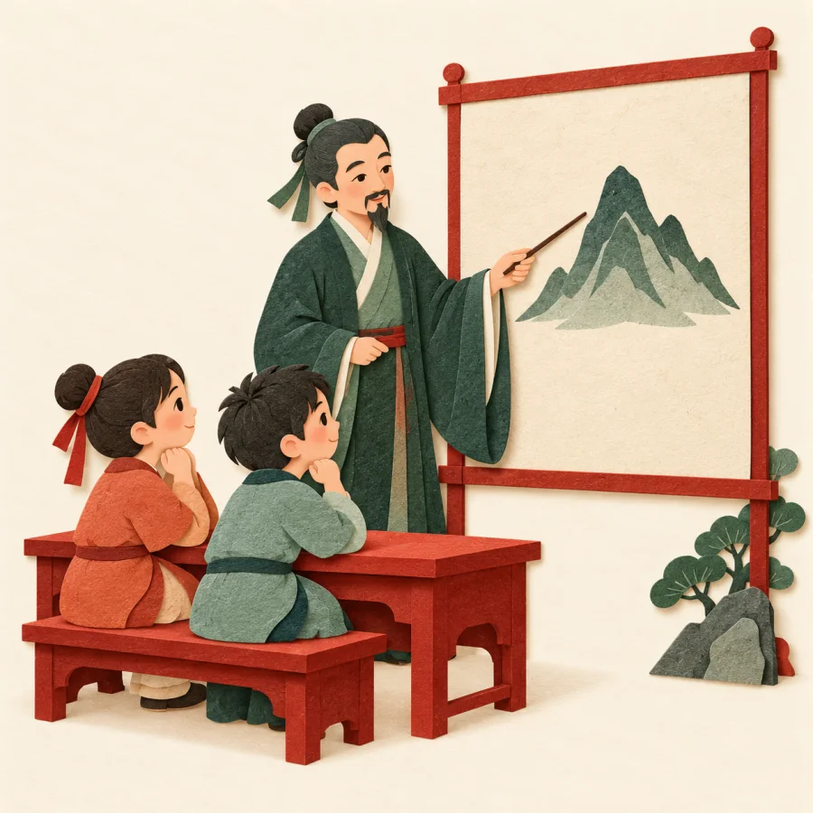 A teacher points to a mountain drawing for two students
