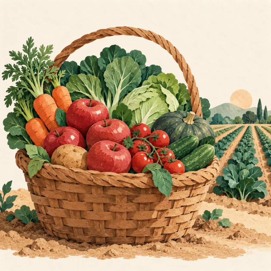 A big basket of fruit and vegetables beside field rows