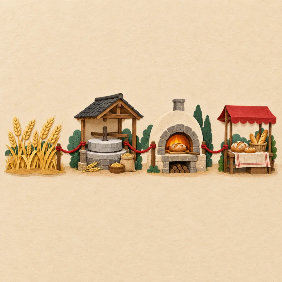 A field, mill, oven and stall linked by a red rope