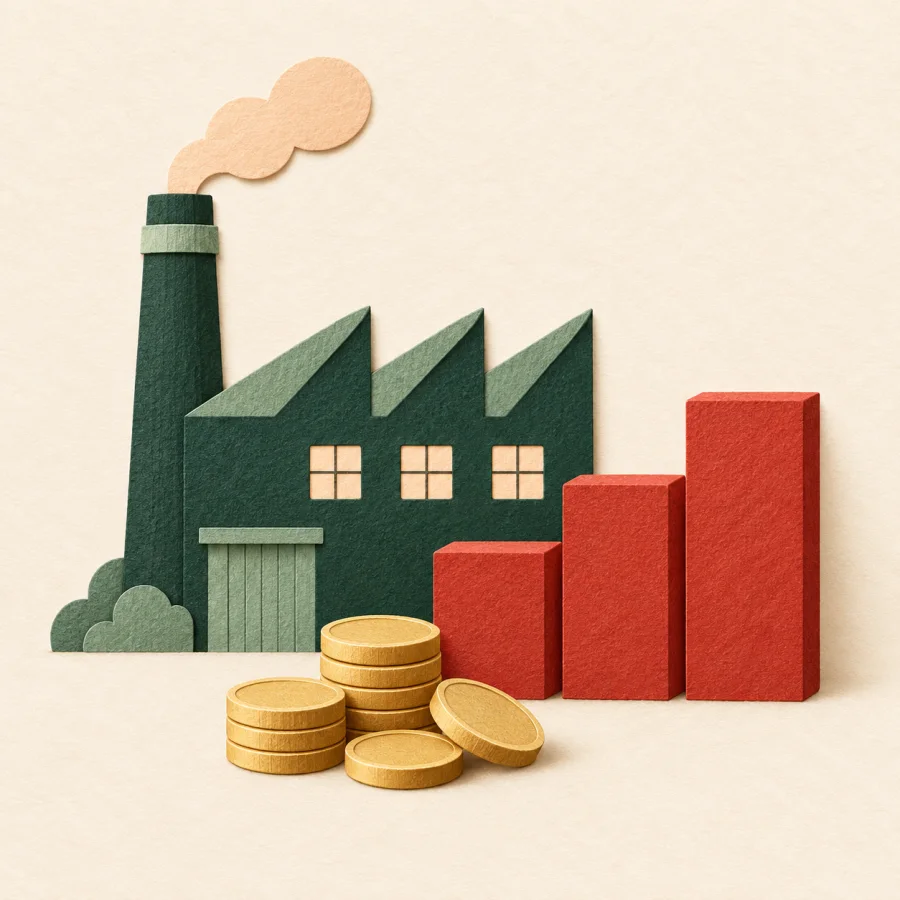 A factory beside rising red blocks and a pile of coins