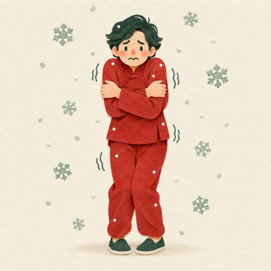A person in thin clothes shivers in the snow