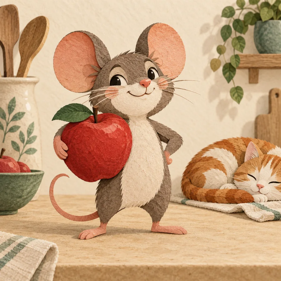 A bold mouse with an apple on a kitchen table