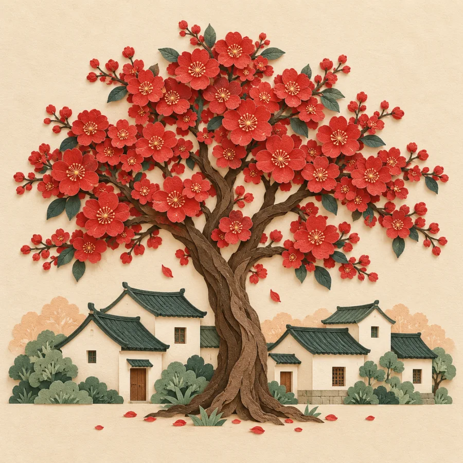 A tall tree covered in red blossoms before a row of houses