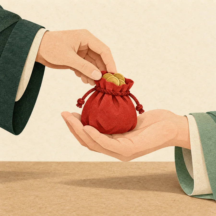 A person places a pouch of coins into another's palm