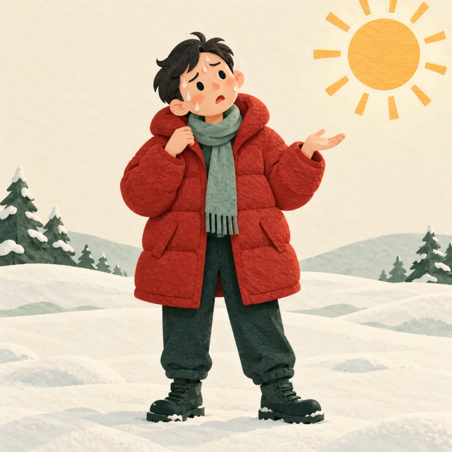 A person in a winter coat sweats under a hot sun in snow