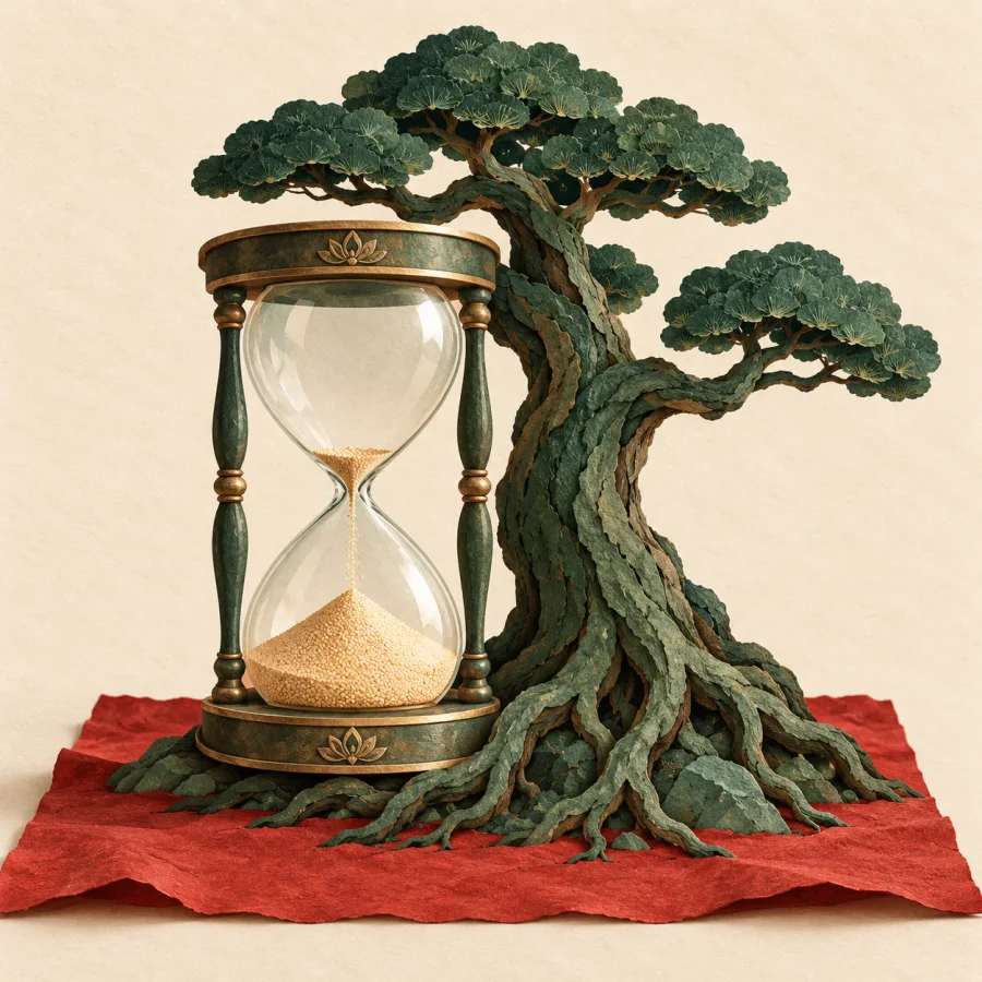 A large hourglass beside an old tree