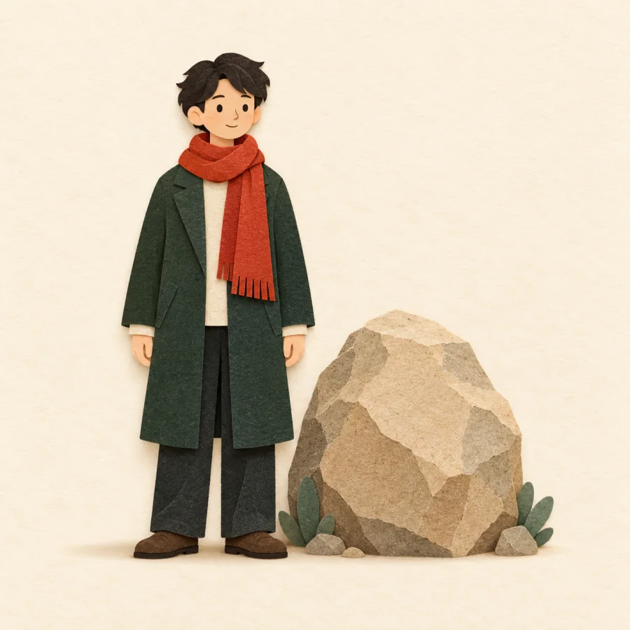 A plain person stands beside a heavy stone