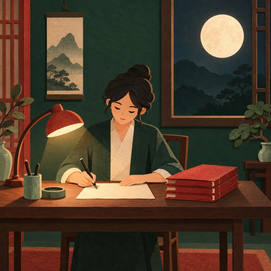 A person works at a desk late at night under a lamp