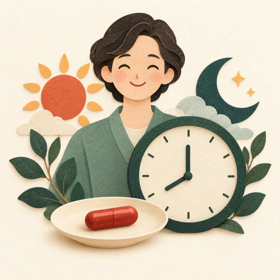 A capsule on a plate beside a big clock