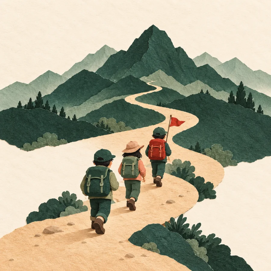 Three hikers walk a long trail toward distant mountains