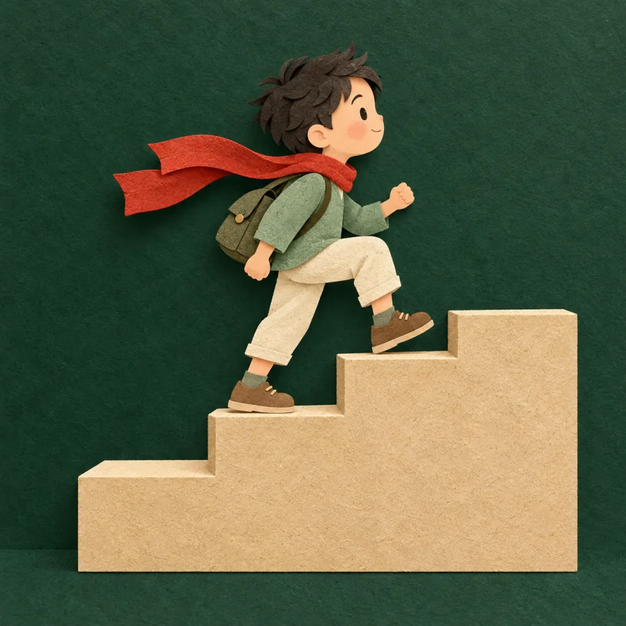 A child takes a big stride up a wide staircase