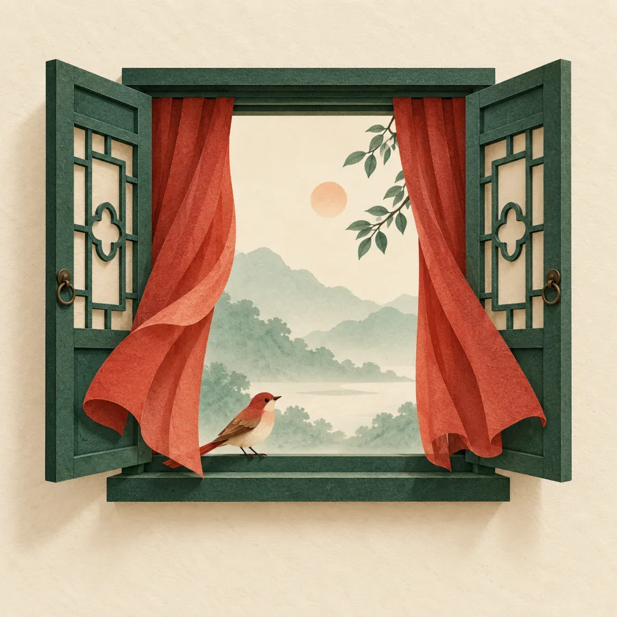 A wide-open window with red curtains and a small bird