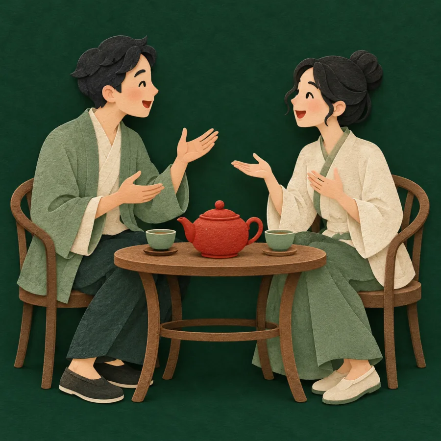 Two people chat animatedly over tea