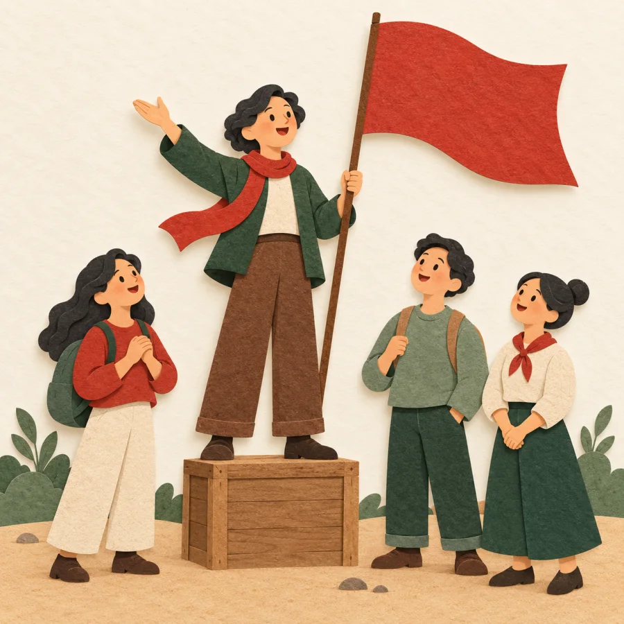 A person on a box raises a red flag and calls to others