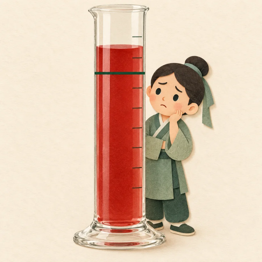 Red liquid rises above the mark in a measuring glass