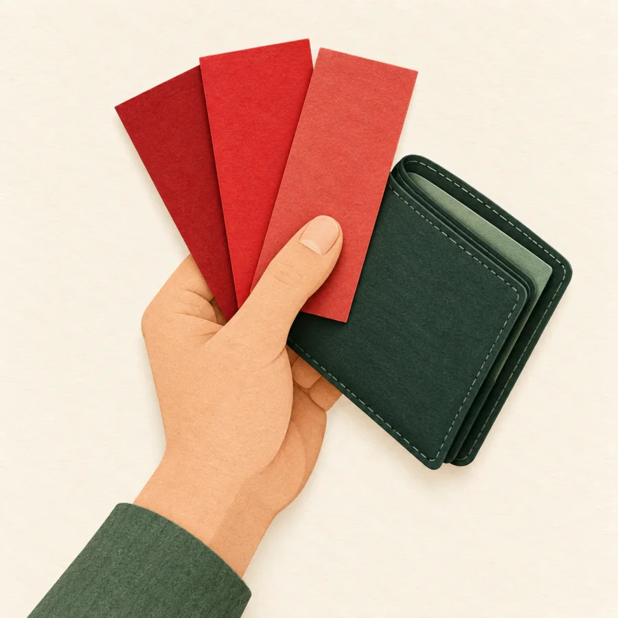 A person holds a fan of three red banknotes