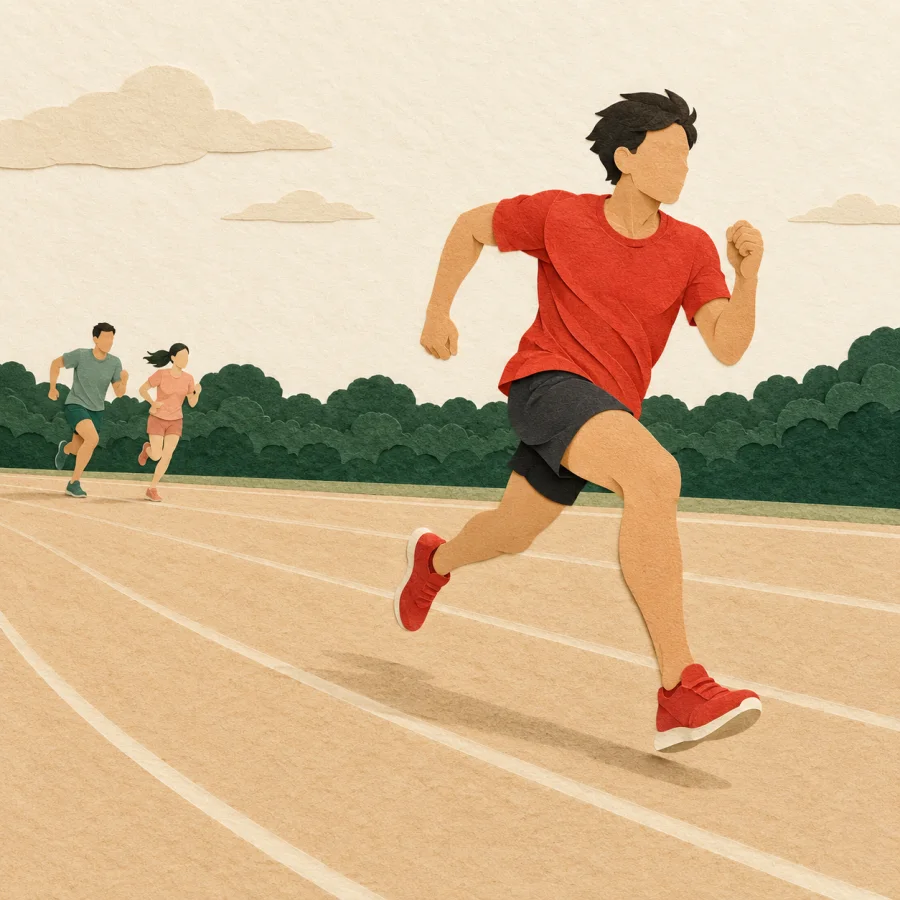 A runner in red far ahead of the others on a track