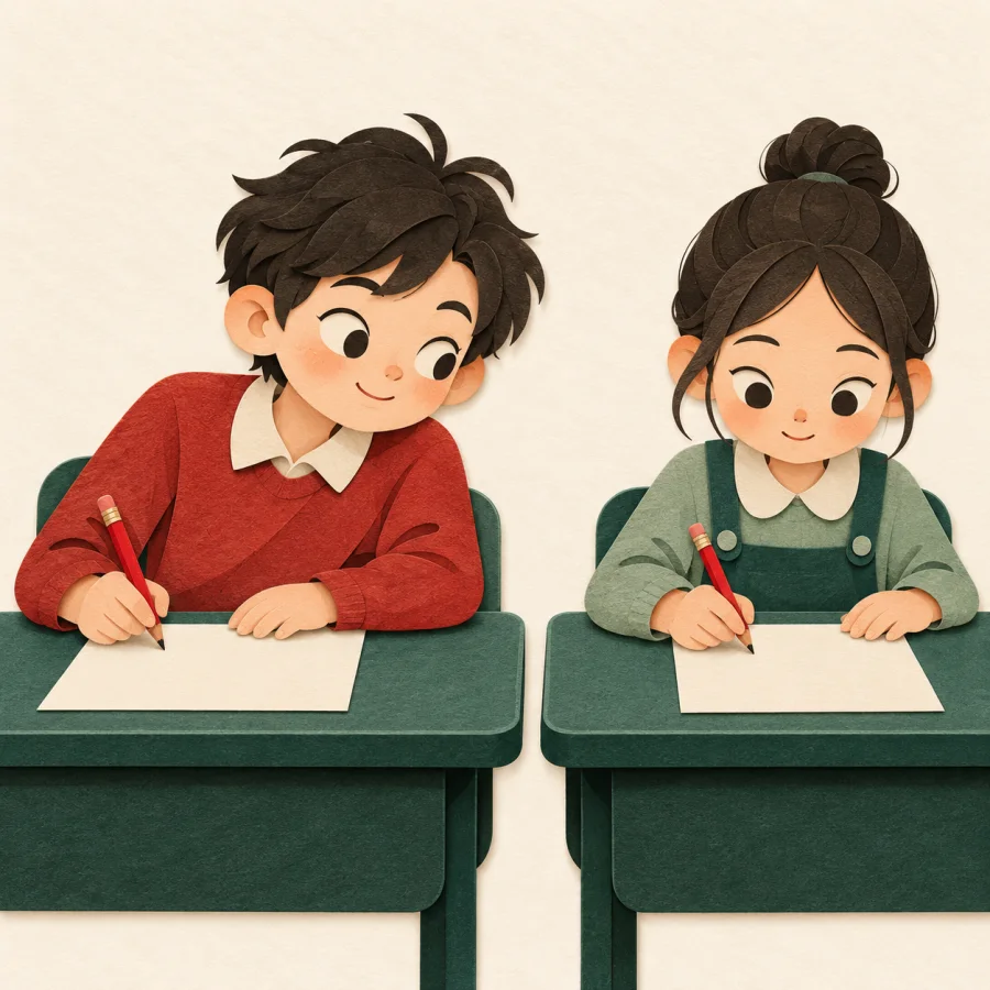 A student peeks at another's paper and copies