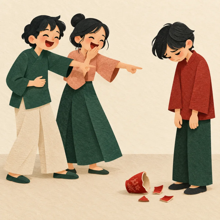 Two people laugh at a third who looks at a broken cup