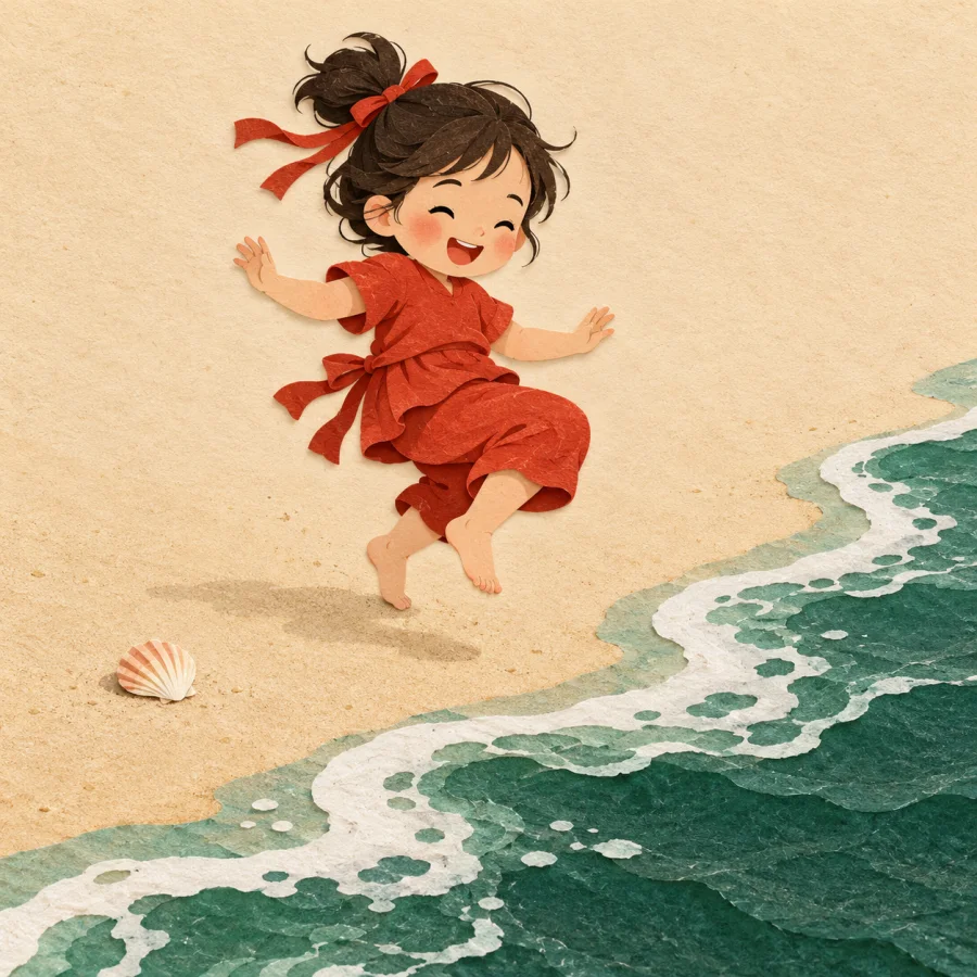 A child jumps back from incoming water on a beach