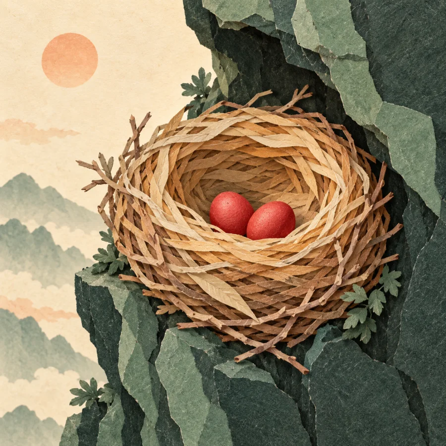 A nest with two red eggs in a rocky crevice