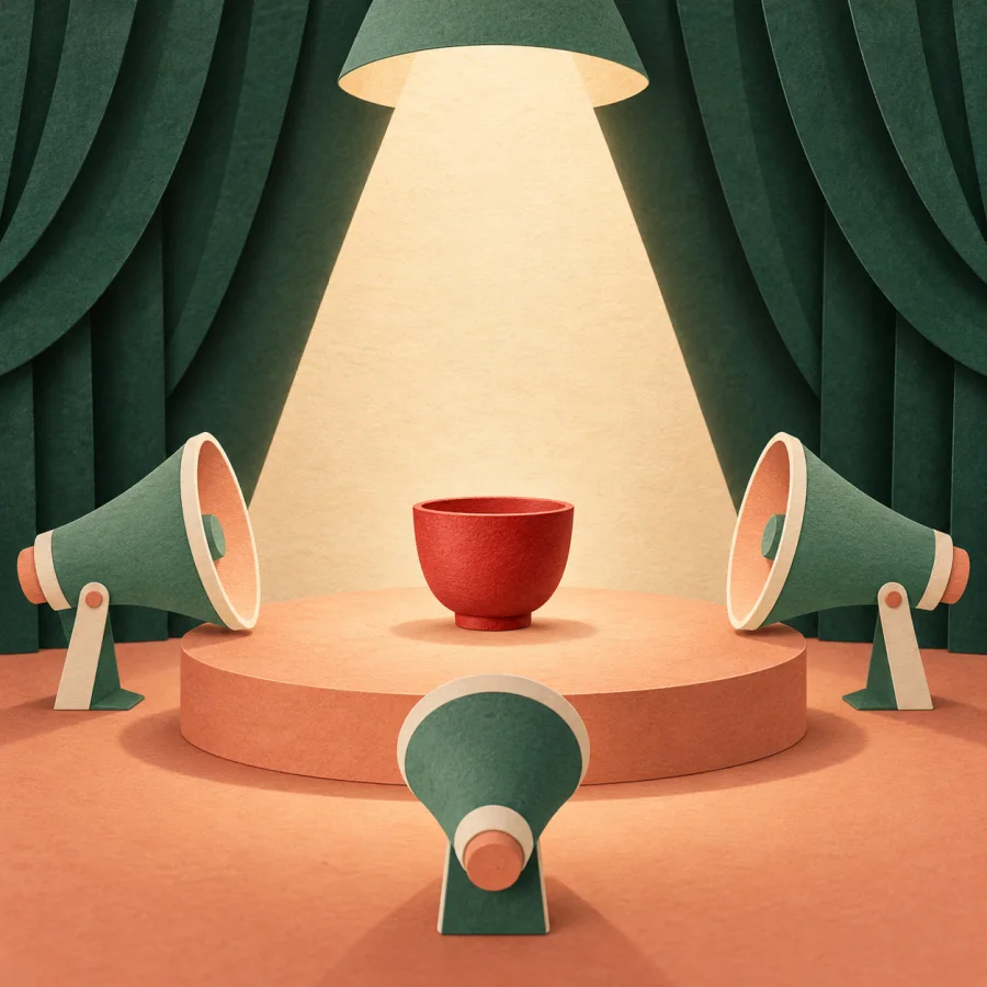 An ordinary cup on a stage under a spotlight and megaphones