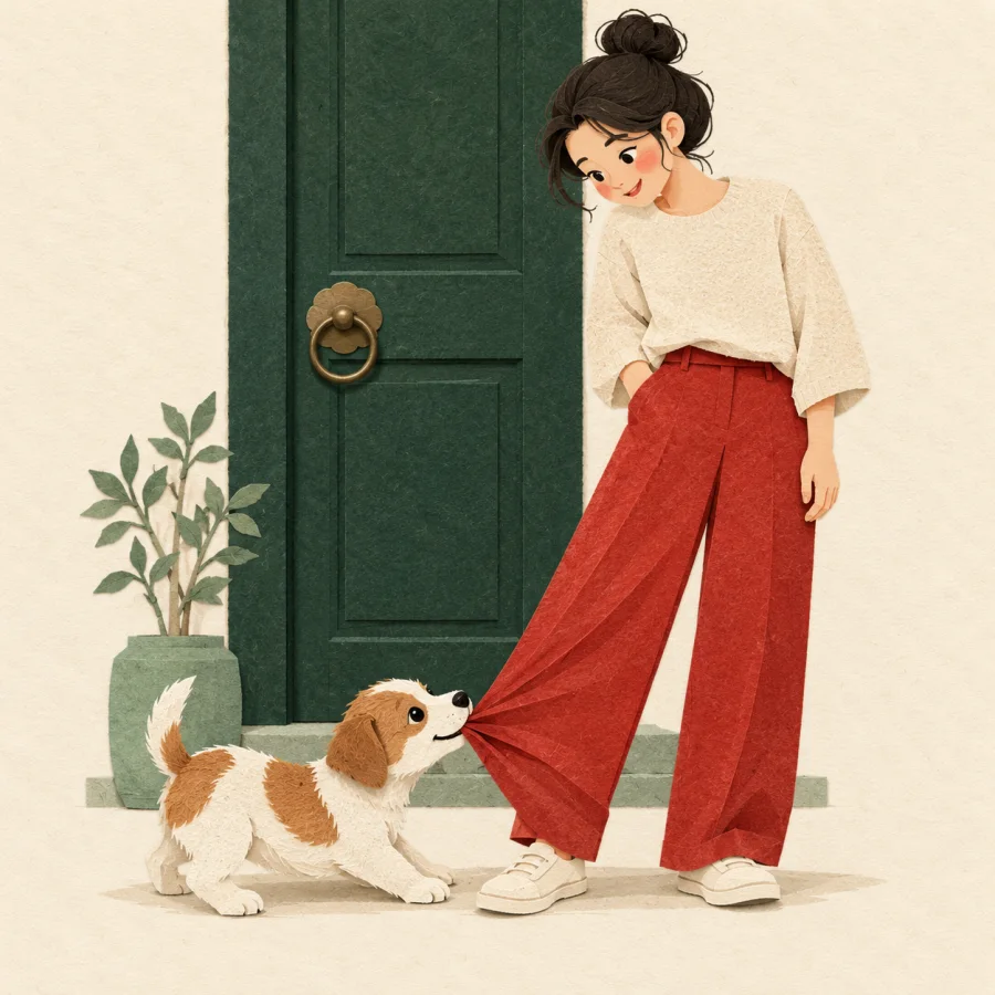 A puppy tugs a person's red trouser leg