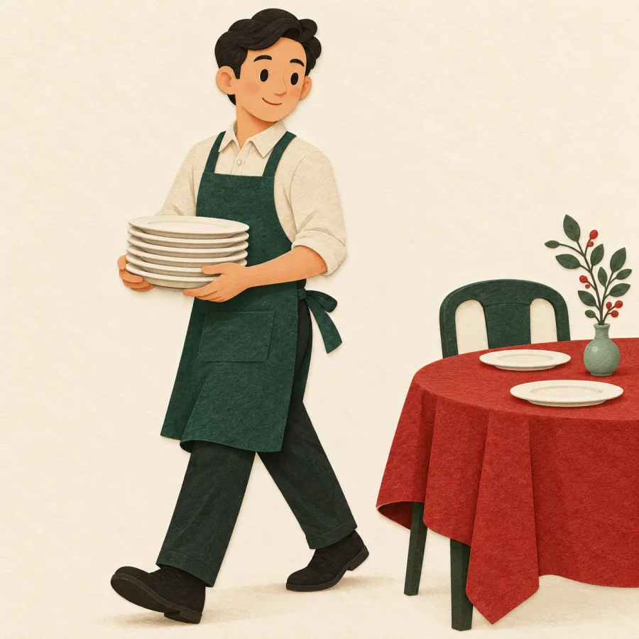 A waiter carries away a stack of empty plates
