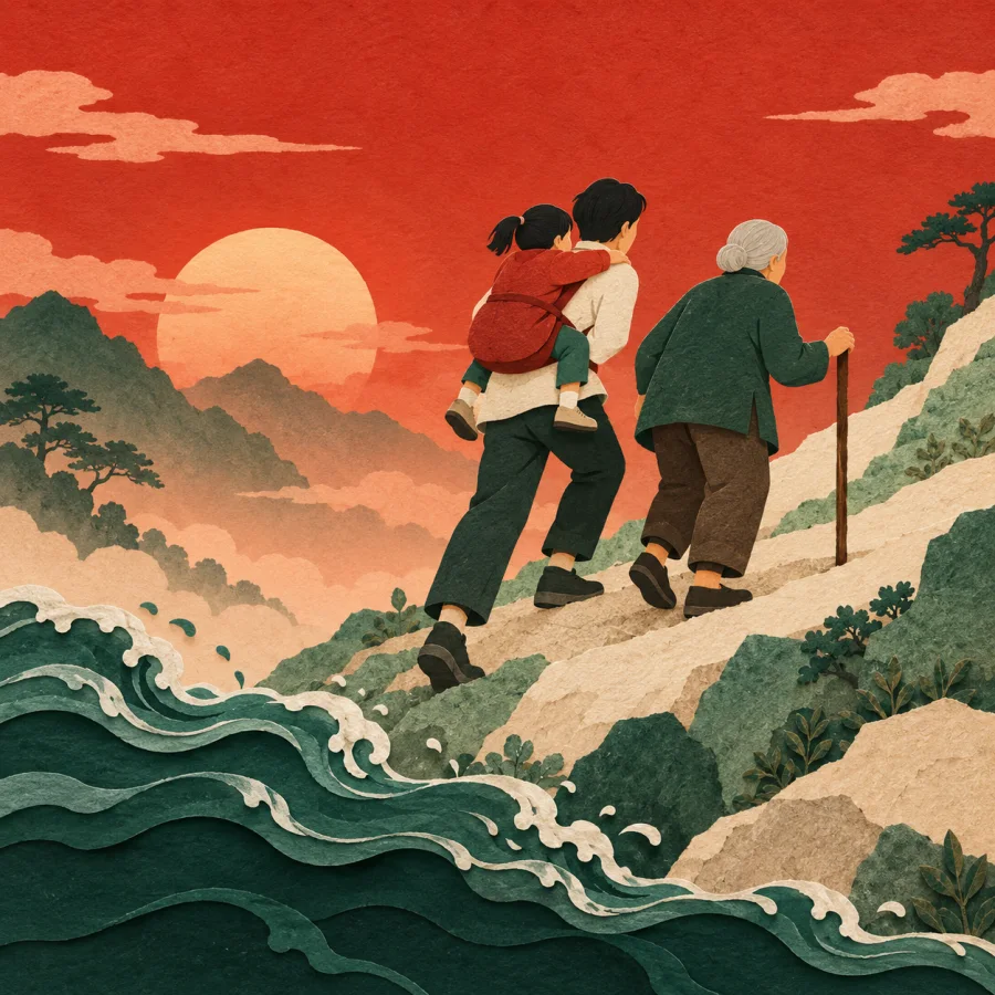 People with a child and an elder walk uphill away from water