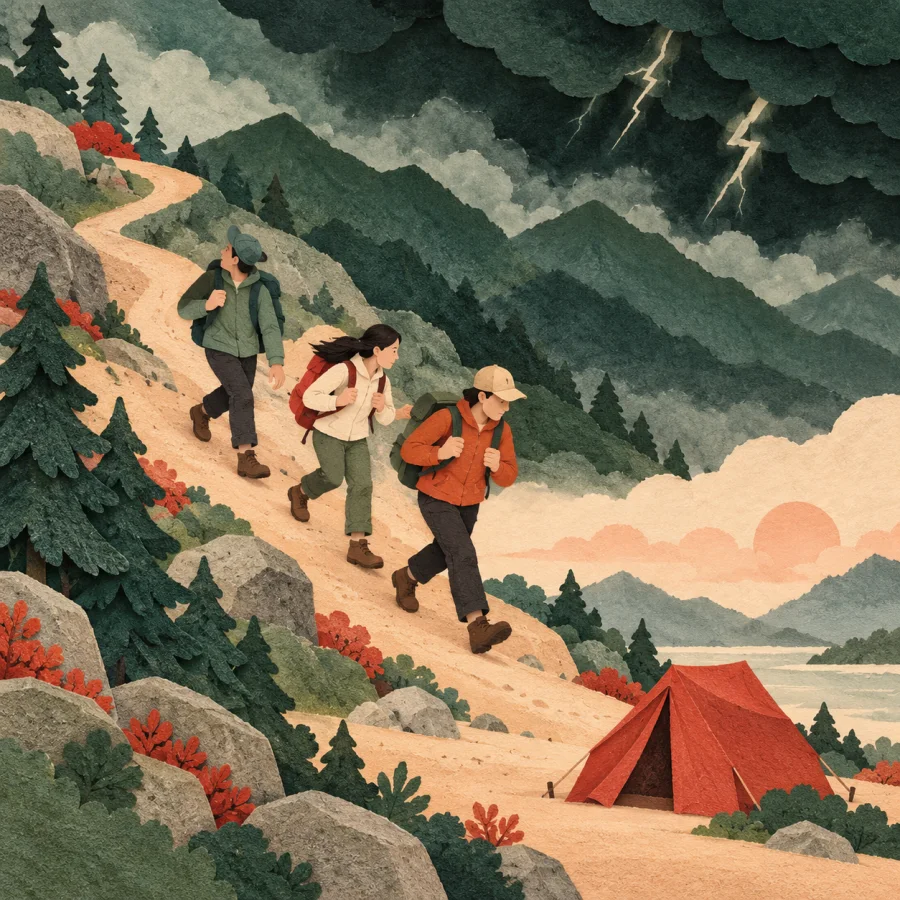 Three hikers walk back from dark clouds toward a tent