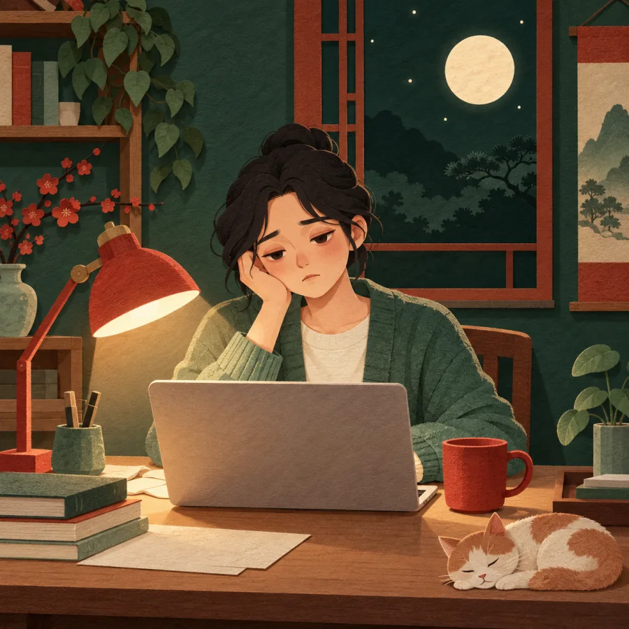 A tired person at a desk by a lamp, moon in the window