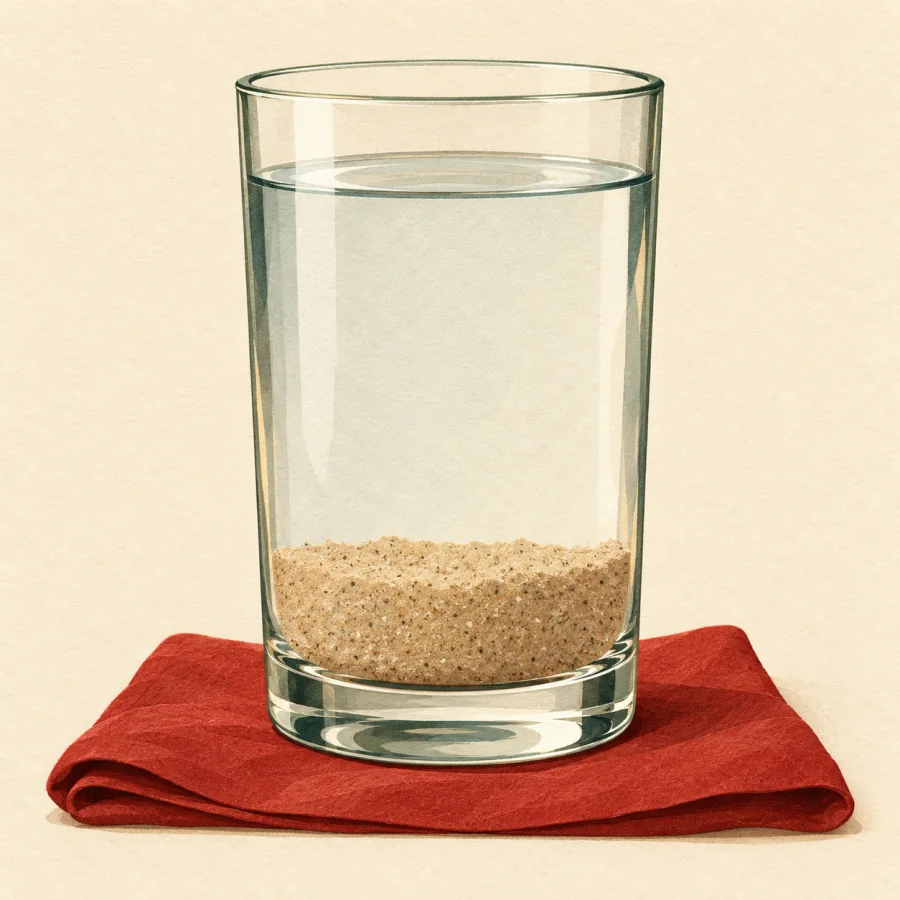 A glass of water with sand settled at the bottom