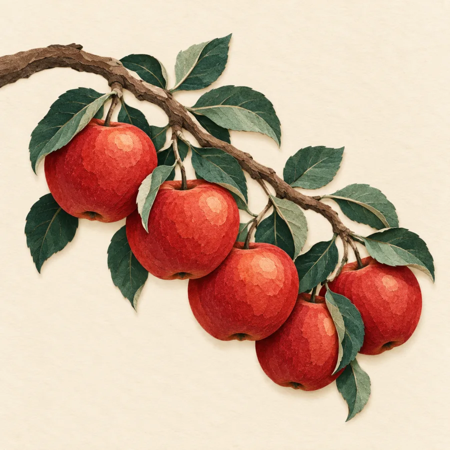 A branch bends under heavy red apples