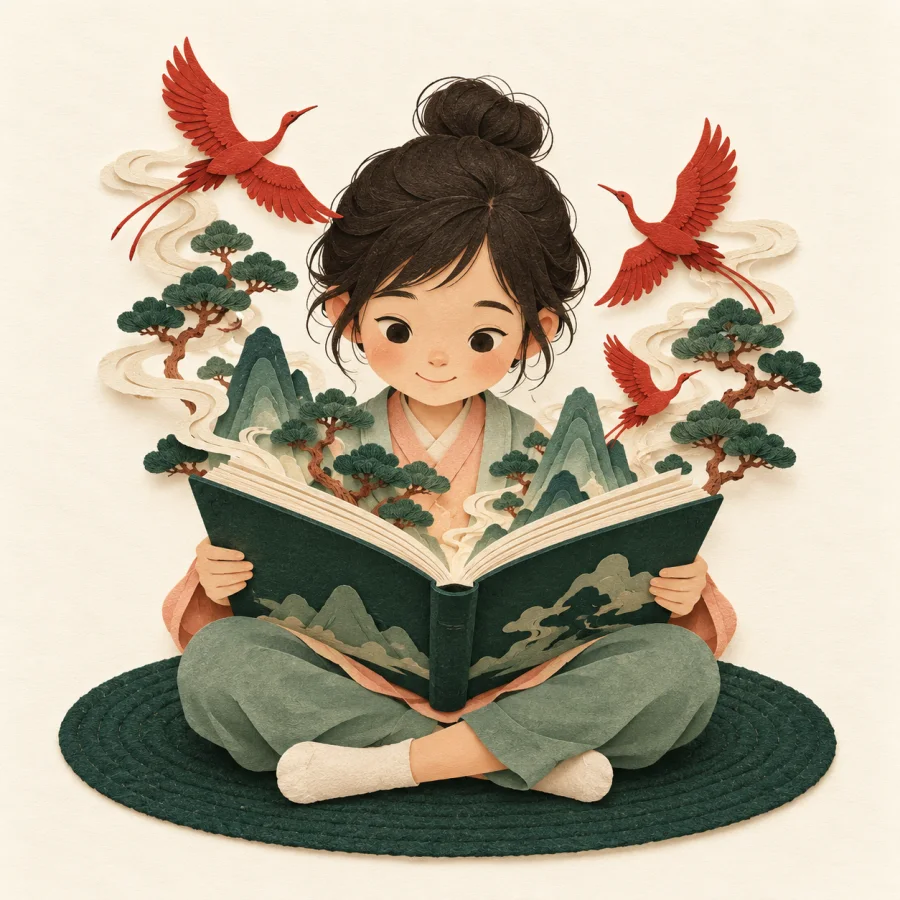 A child with a book, birds and trees rising from the pages