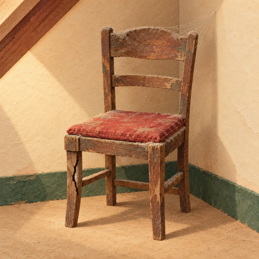 A dusty old chair with a cracked leg in an attic