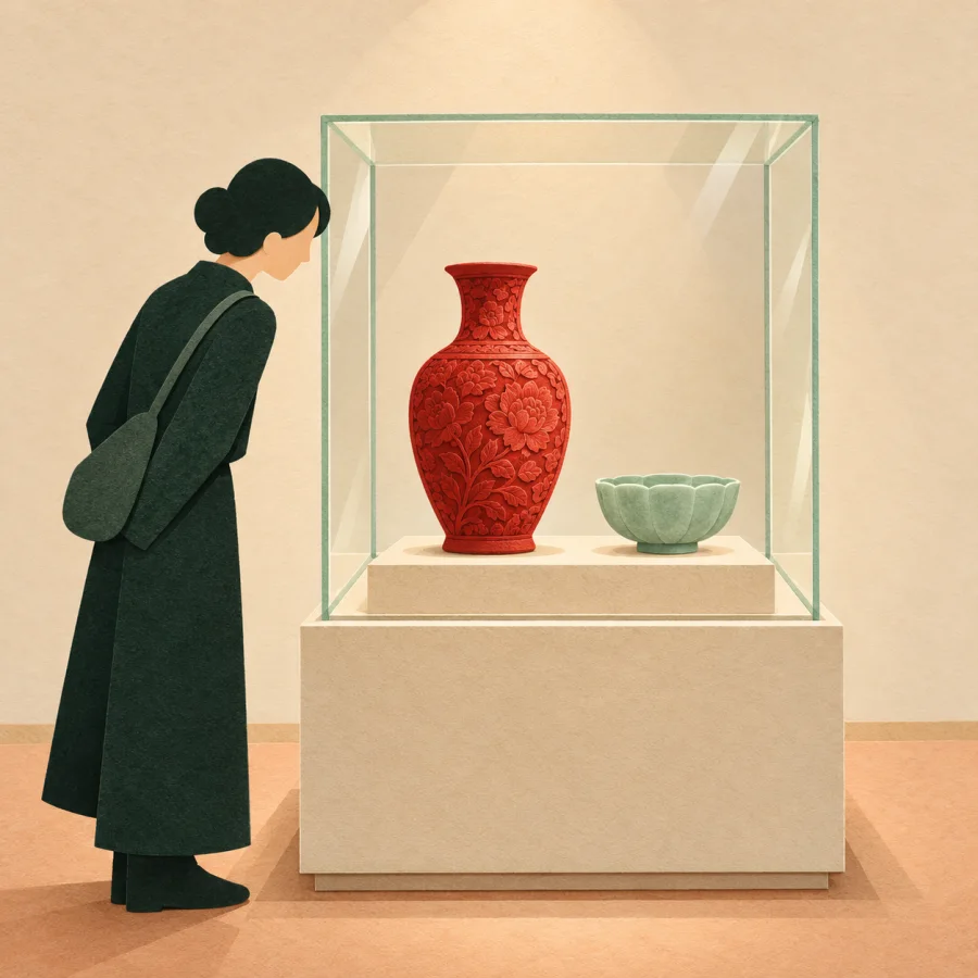 A red vase and a jade bowl in a museum display case