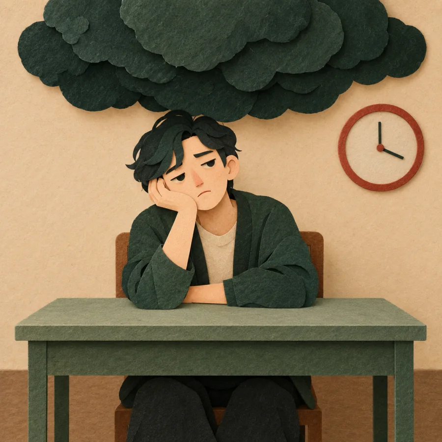 A person slumps at a desk under a low cloud