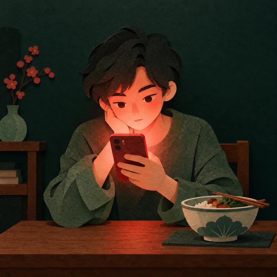 A person stares at a glowing phone in the dark