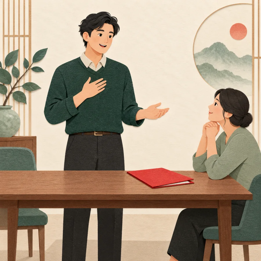 A person speaks calmly to a listener at a table