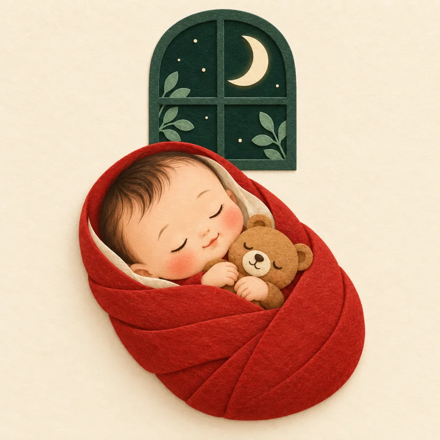 A baby sleeps deeply in a red blanket with a teddy bear