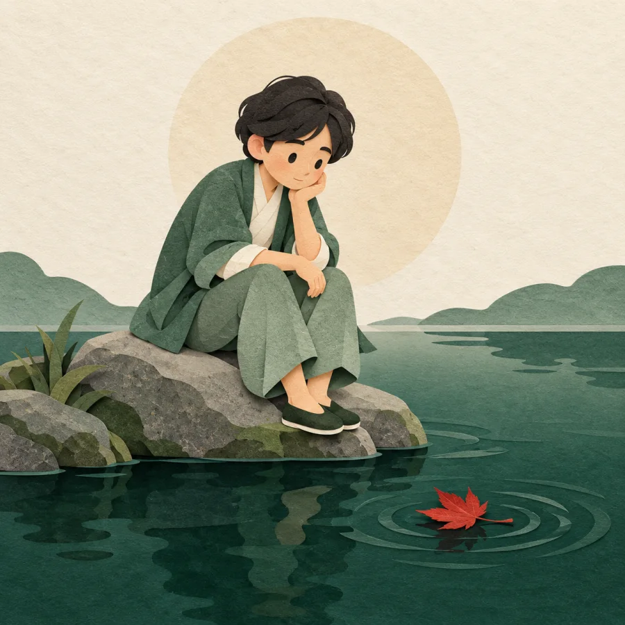 A person sits on a rock by a lake, chin on hand